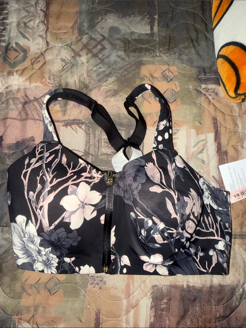 Victoria's Secret Black Floral Front-Zip Sports Bra